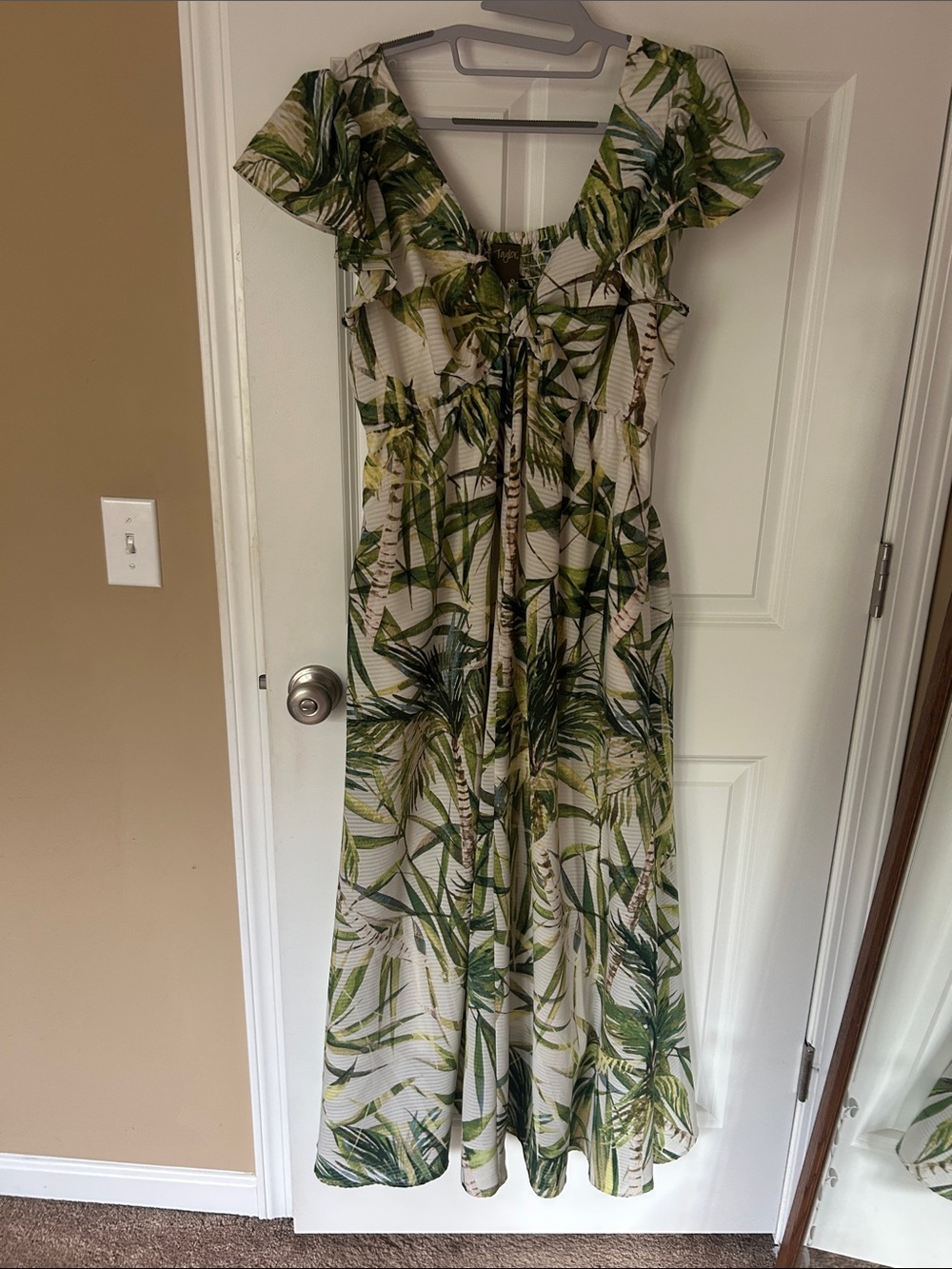 Taylor Leaf-Print Ruffle Maxi Dress in Green and Cream